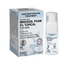 Minoxidil Hair Foam 5% topical treatment for men with biotin, caffeine, hyaluronic acid, keratin, and melatonin for hair restoration and anti-hair loss.