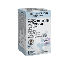 Minoxidil hair foam with biotin, caffeine, hyaluronic acid, keratin, and melatonin for hair restoration and anti-hair loss treatment.