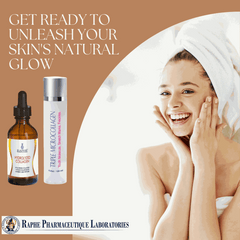 Hydrolyzed Nano-Collagen peptide serum bottle with smiling woman skincare glow