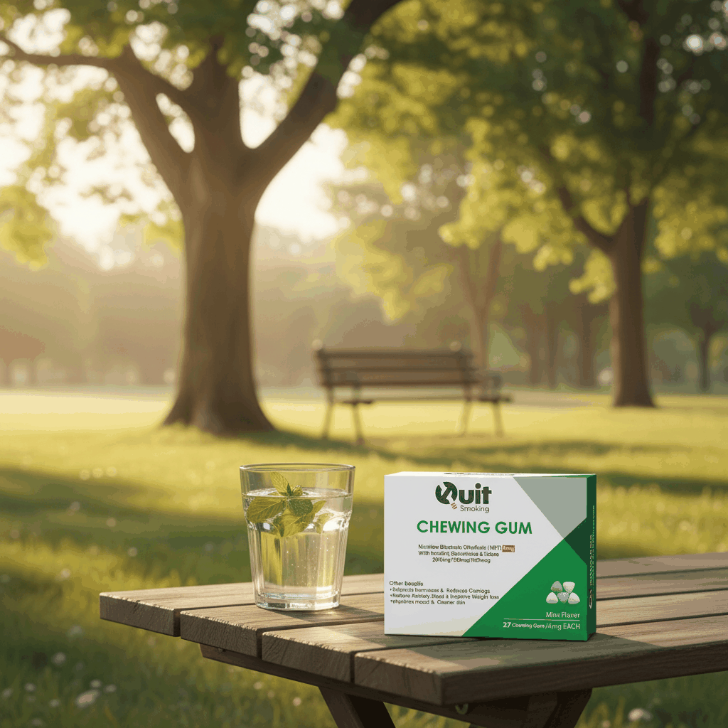 NRT smoking cessation chewing gum with NAD energy amino acid on wooden table in park