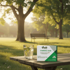 NRT smoking cessation chewing gum with NAD energy amino acid on wooden table in park