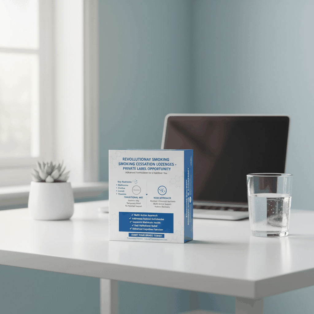 NRT Smoking Cessation Lozenges box on desk with laptop and glass of water in background