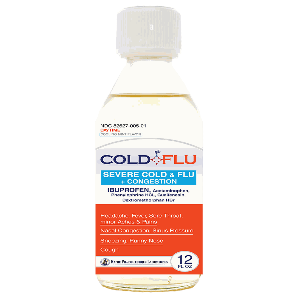 Cold Flu Syrup for severe cough, congestion, with ibuprofen 250mg and acetaminophen 500mg, mint flavor, 12-hour relief