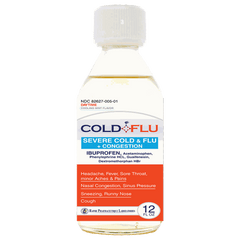 Cold Flu Syrup for severe cough, congestion, with ibuprofen 250mg and acetaminophen 500mg, mint flavor, 12-hour relief