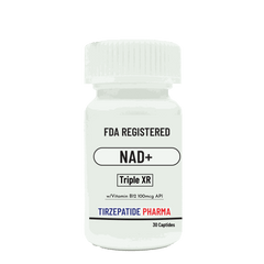 White bottle of FDA registered NAD+ 400mg peptide supplement with Vitamin B12 and Tirzepatide Pharma branding