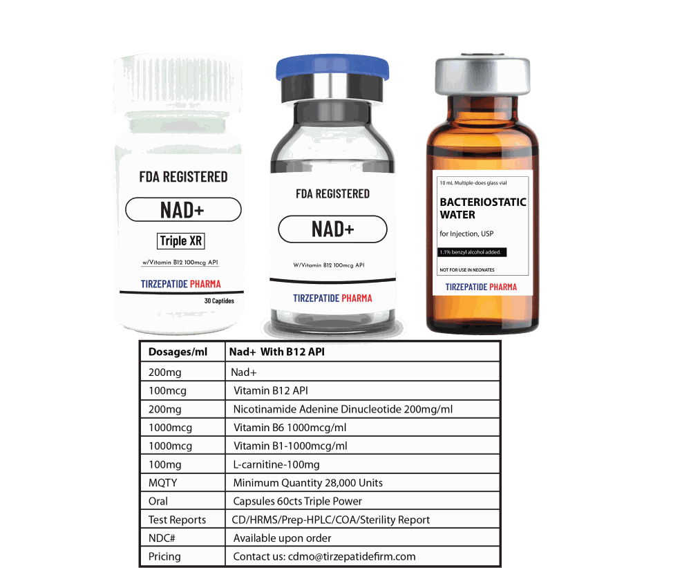 NAD+ 400mg Peptide supplement bottles with FDA registration and custom peptide formulation for insulin sensitivity enhancement
