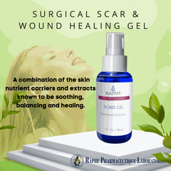 Surgical scar and wound healing gel bottle by Raphe Pharmaceutique Laboratories with soothing and balancing skin nutrients