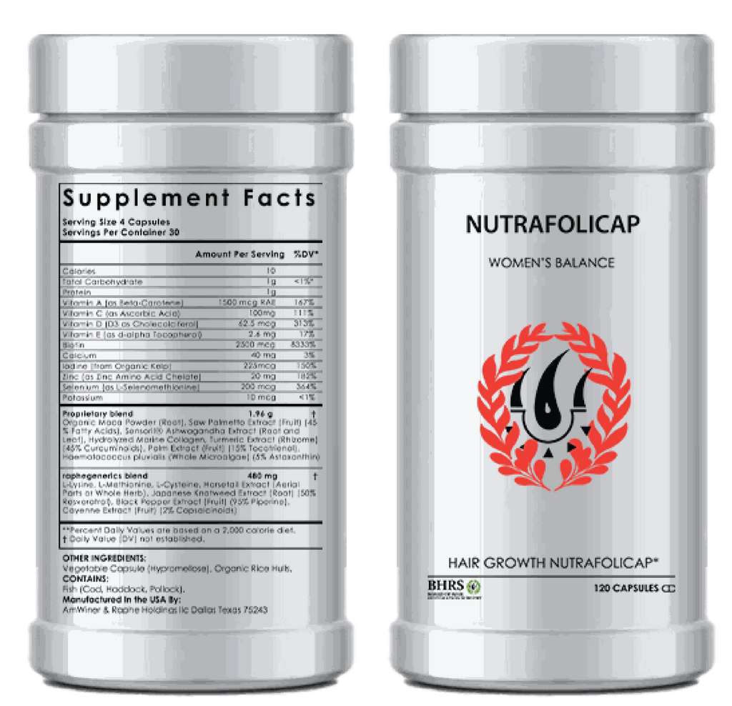 Nutrafolicapsules Private Label women's balance hair growth supplement bottle with ingredients and supplement facts.