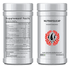 Nutrafolicapsules Private Label women's balance hair growth supplement bottle with ingredients and supplement facts.