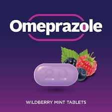 Generic Omeprazole Tablets Wildberry Mint flavor with smooth coated oval pill for 24-hour stomach relief