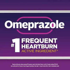 Omeprazole Generic OTC frequent heartburn treatment with active ingredient text on purple background