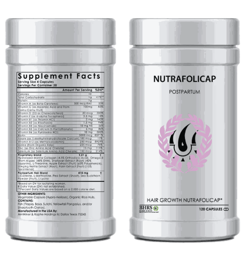 Nutrafolicapsules Private Label hair growth supplement bottle front and back with ingredient details and postpartum formula text