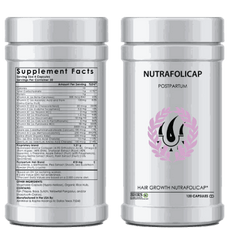 Nutrafolicapsules Private Label hair growth supplement bottle front and back with ingredient details and postpartum formula text