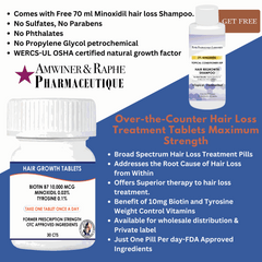 Customized hair growth supplement tablets with biotin, minoxidil, tyrosine, free hair loss shampoo, natural ingredients, no sulfates or parabens, FDA approved, supports hair regrowth and prevents DHT-related hair loss.