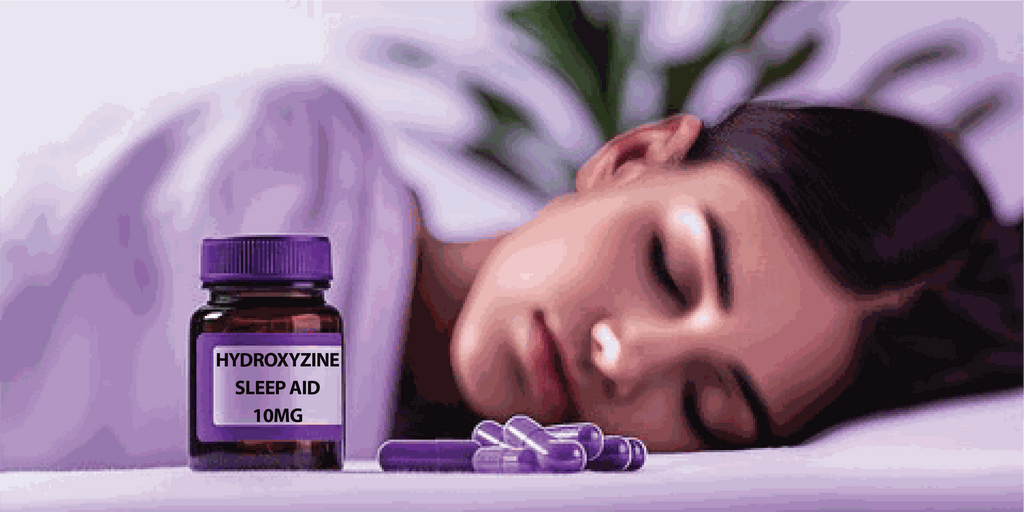 Hydroxyzine 10mg sleep aid capsules with woman sleeping in background