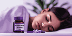 Hydroxyzine 10mg sleep aid capsules with woman sleeping in background