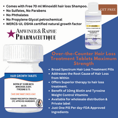 Minoxidil 1.25mg hair loss treatment tablets with 10,000mcg biotin and tyrosine for hair regrowth and DHT inhibition, includes free Minoxidil shampoo.