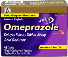 Box of Omeprazole delayed release tablets 20 mg acid reducer with 42 tablets