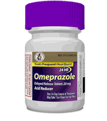 Bottle of Omeprazole delayed release tablets for acid reduction and heartburn treatment