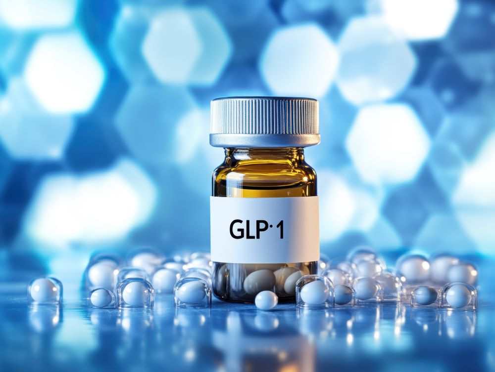 White label oral GLP-1 peptides capsules in amber bottle with white label on blue background