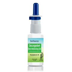 Allergy nasal decongestant spray with extra moisturizing gel and 12-hour relief in white bottle with blue cap
