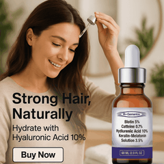 Woman applying Biotin Caffeine Hyaluronic Acid serum for hair growth and hydration with dropper bottle close-up
