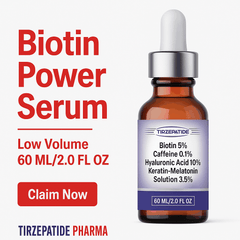 Biotin caffeine hyaluronic acid hair growth serum bottle with dropper and product details