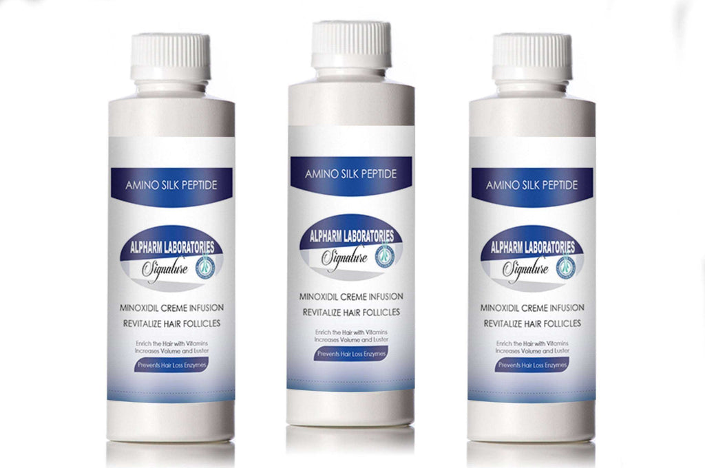 Three bottles of Hair Restoration Amino Silk Peptides leave-in conditioner for hair loss treatment