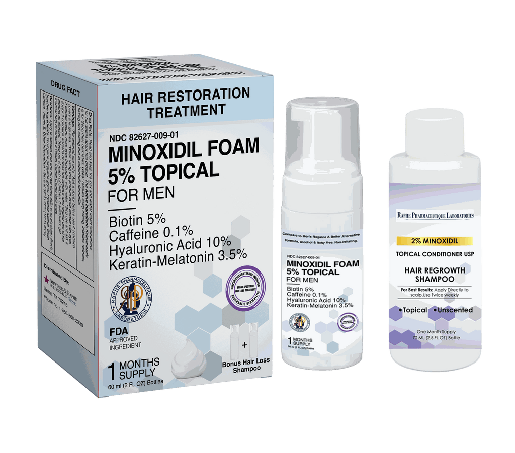 Minoxidil Hair Foam 5% topical for men with biotin, caffeine, hyaluronic acid, keratin, and melatonin for hair restoration and anti-hair loss treatment