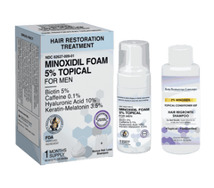 Minoxidil Hair Foam 5% topical for men with biotin, caffeine, hyaluronic acid, keratin, and melatonin for hair restoration and anti-hair loss treatment