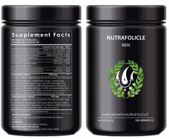 Nutrafolicapsules Private Label men's hair growth supplement bottle with supplement facts and herbal ingredients