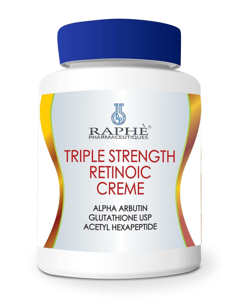 bottle of triple strength retinoic acid emulsion cream with alpha arbutin, glutathione, and acetyl hexapeptide for skin care