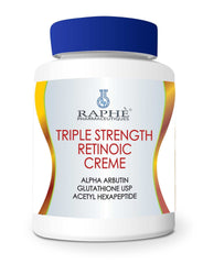 bottle of triple strength retinoic acid emulsion cream with alpha arbutin, glutathione, and acetyl hexapeptide for skin care