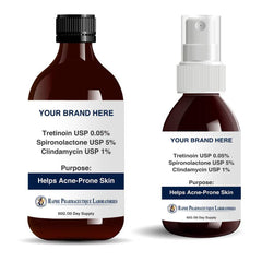 Customized hair growth supplement bottles for acne-prone skin with tretinoin, spironolactone, and clindamycin.