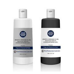 White and black bottles of customizable hair loss supplement gel with benzoyl peroxide and salicylic acid for pore cleansing and hair restoration.