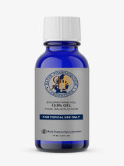 Blue bottle of Eflornithine Hydrochloride 13.9% salicylic acid gel for facial hair reduction