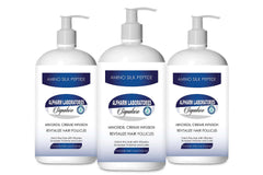 Three bottles of Hair Restoration Amino Silk Peptides leave-in conditioner with pump dispensers for hair loss treatment and follicle revitalization