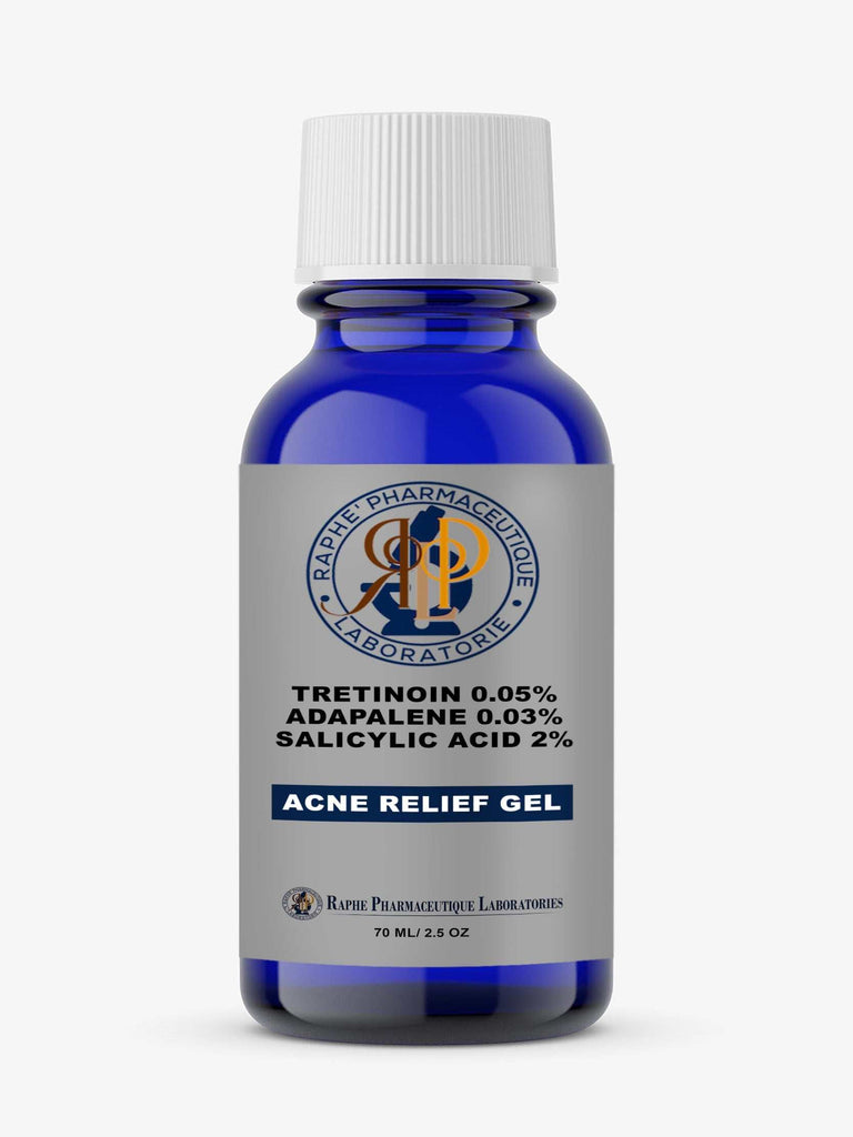 Blue bottle of Tretinoin 0.05% Adapalene 0.03% Salicylic acid 2% Acne Relief Gel by Raphe Pharmaceutique