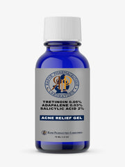 Blue bottle of Tretinoin 0.05% Adapalene 0.03% Salicylic acid 2% Acne Relief Gel by Raphe Pharmaceutique