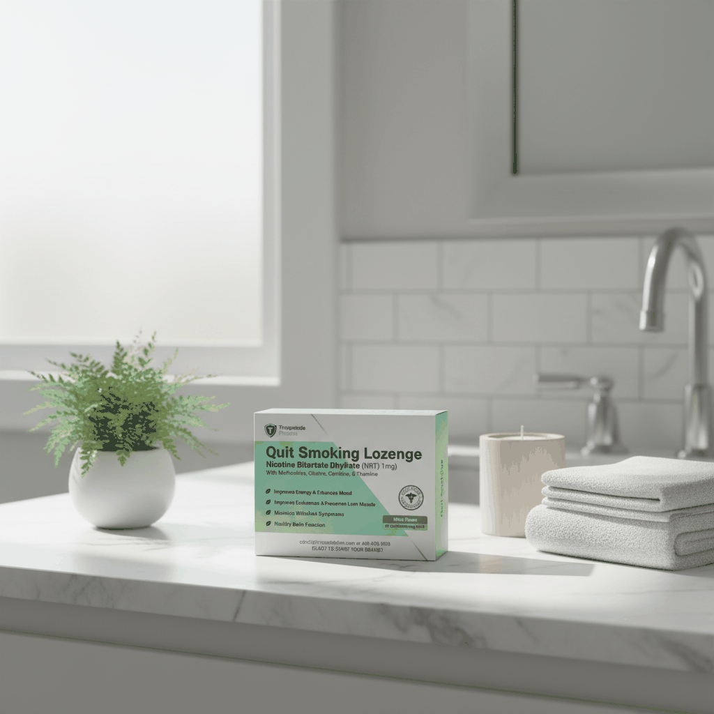 Wholesale NRT active lozenges for smoking cessation on bathroom counter with plant and towels
