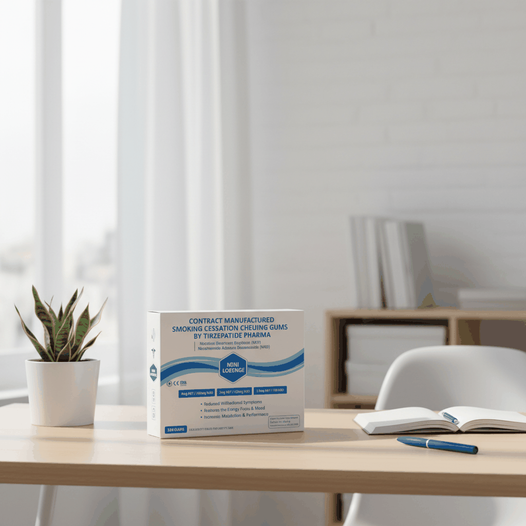 Box of smoking cessation transdermal patches with Vitamin B12 and C on wooden table near plant and open book