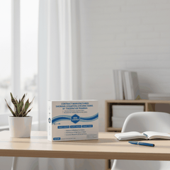 Box of smoking cessation transdermal patches with Vitamin B12 and C on wooden table near plant and open book